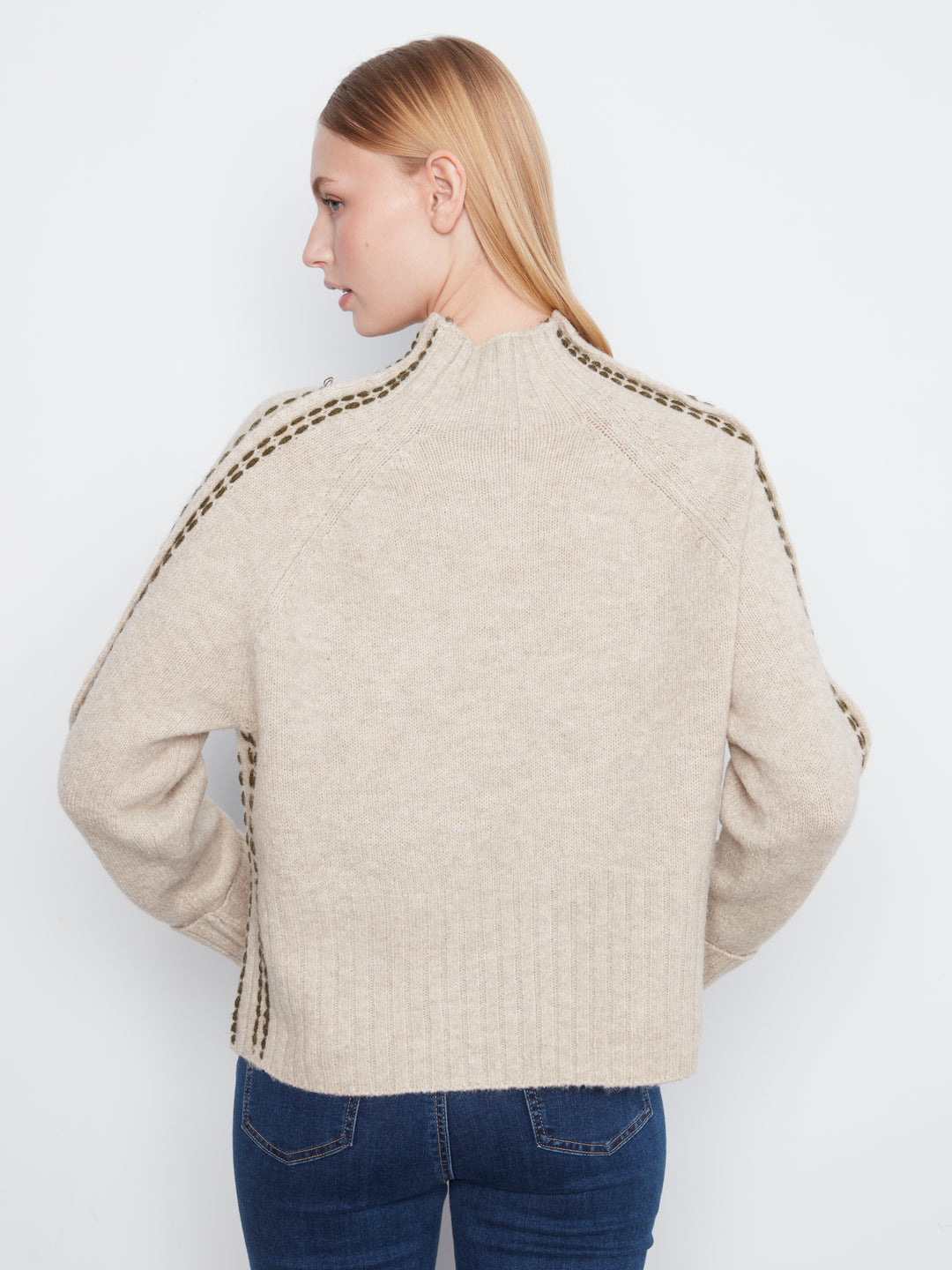 Long Raglan Sleeve Mock Neck With Stitch Detail