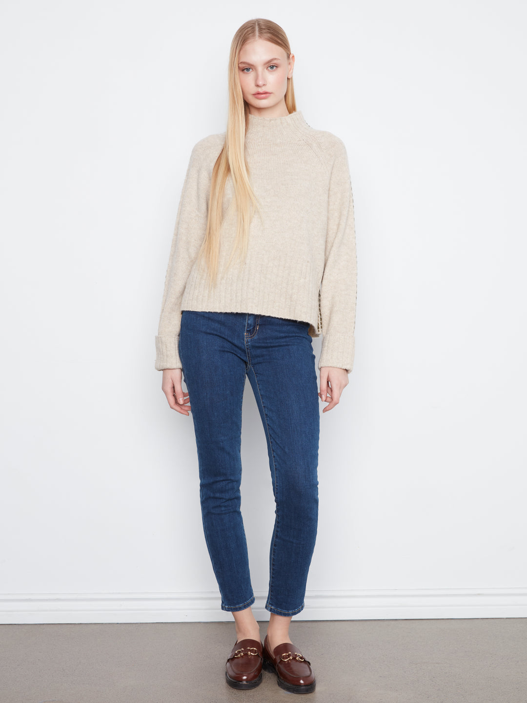Long Raglan Sleeve Mock Neck With Stitch Detail