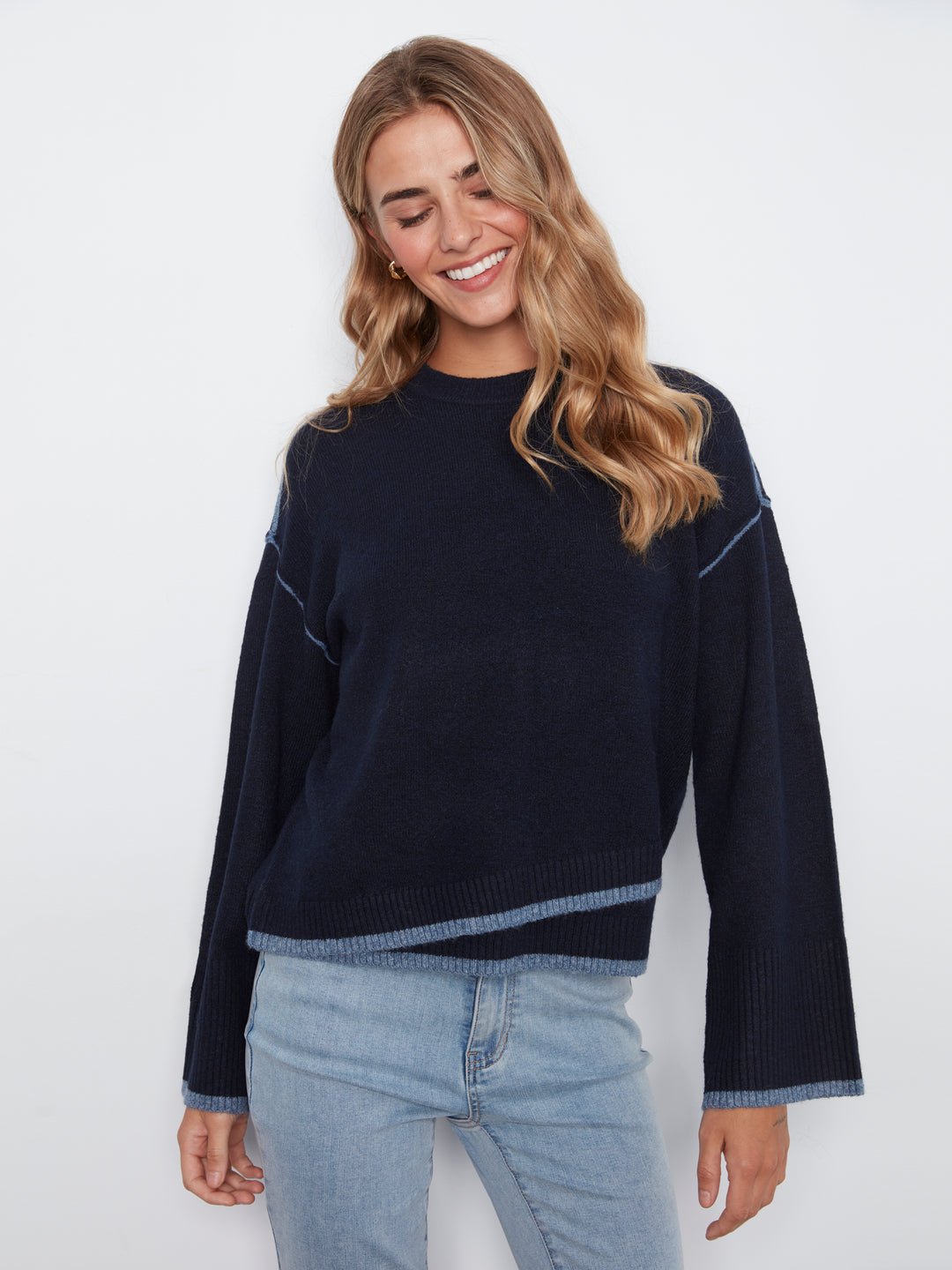 Wide Long Sleeve Drop Shoulder Crew Neck Sweater With Hem Detail & Contrast Tipping