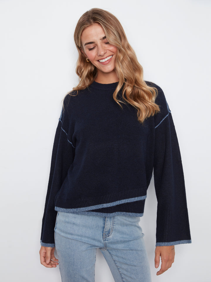 Wide Long Sleeve Drop Shoulder Crew Neck Sweater With Hem Detail & Contrast Tipping