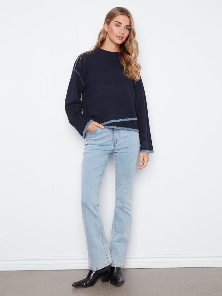 Wide Long Sleeve Drop Shoulder Crew Neck Sweater With Hem Detail & Contrast Tipping