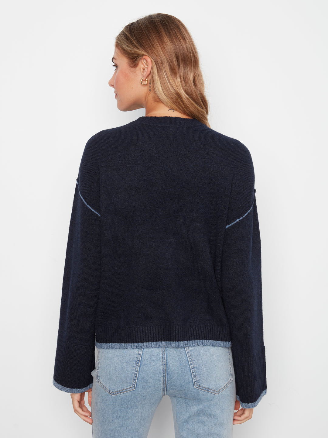 Wide Long Sleeve Drop Shoulder Crew Neck Sweater With Hem Detail & Contrast Tipping