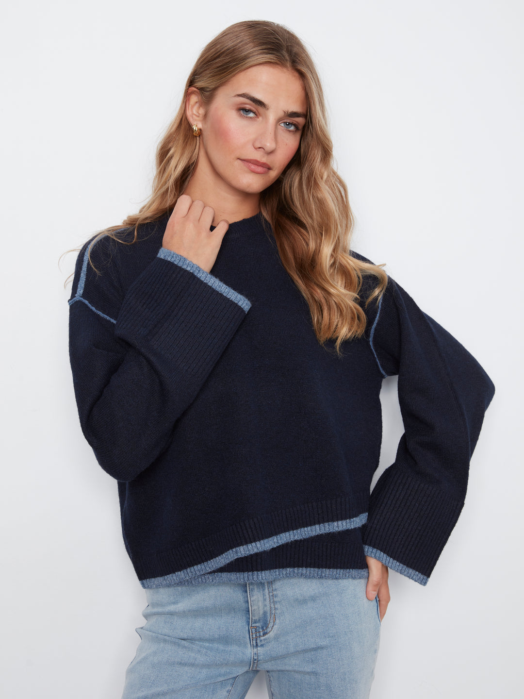 Wide Long Sleeve Drop Shoulder Crew Neck Sweater With Hem Detail & Contrast Tipping