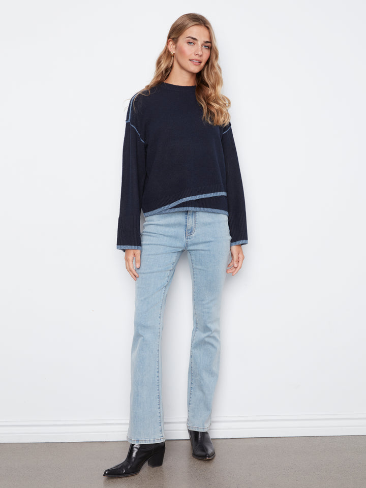Wide Long Sleeve Drop Shoulder Crew Neck Sweater With Hem Detail & Contrast Tipping