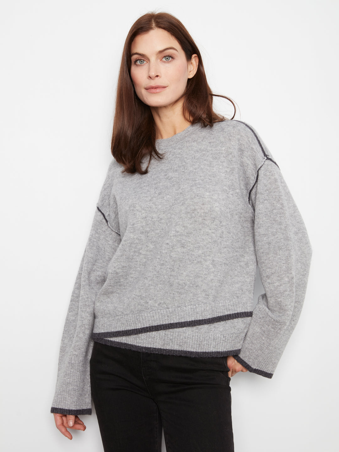 Wide Long Sleeve Drop Shoulder Crew Neck Sweater With Hem Detail & Contrast Tipping