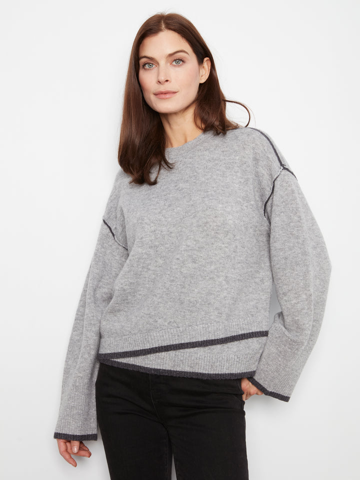 Wide Long Sleeve Drop Shoulder Crew Neck Sweater With Hem Detail & Contrast Tipping
