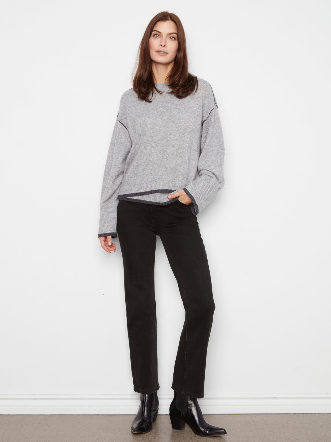 Wide Long Sleeve Drop Shoulder Crew Neck Sweater With Hem Detail & Contrast Tipping
