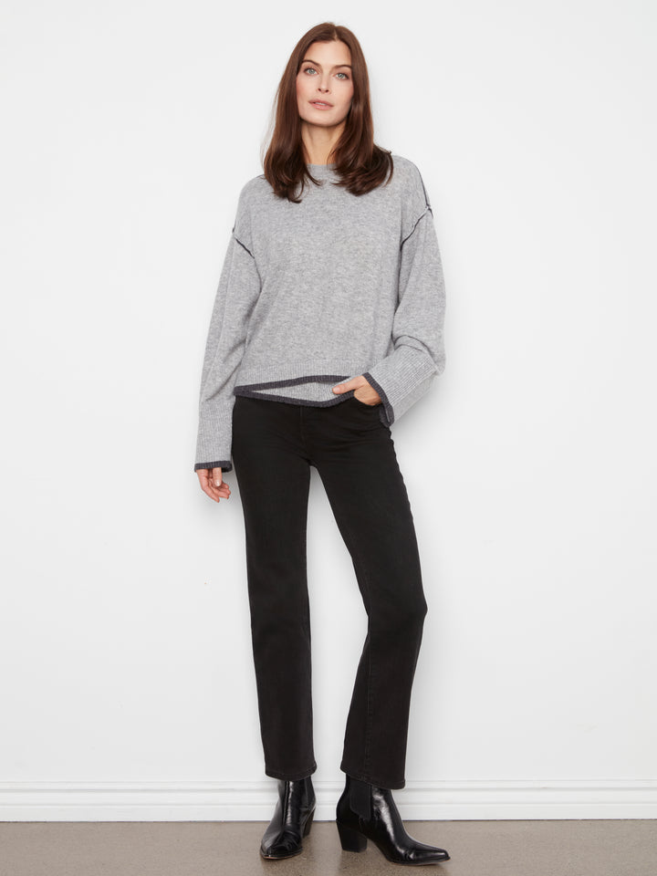 Wide Long Sleeve Drop Shoulder Crew Neck Sweater With Hem Detail & Contrast Tipping