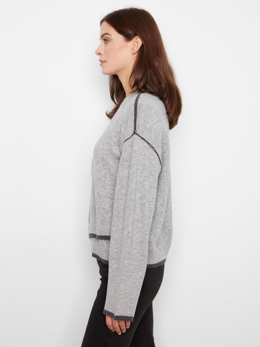 Wide Long Sleeve Drop Shoulder Crew Neck Sweater With Hem Detail & Contrast Tipping