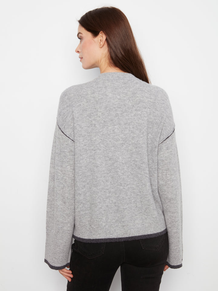 Wide Long Sleeve Drop Shoulder Crew Neck Sweater With Hem Detail & Contrast Tipping