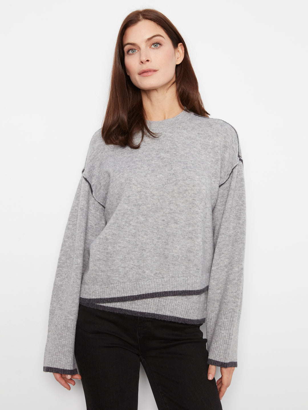 Wide Long Sleeve Drop Shoulder Crew Neck Sweater With Hem Detail & Contrast Tipping