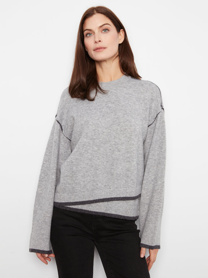 Wide Long Sleeve Drop Shoulder Crew Neck Sweater With Hem Detail & Contrast Tipping
