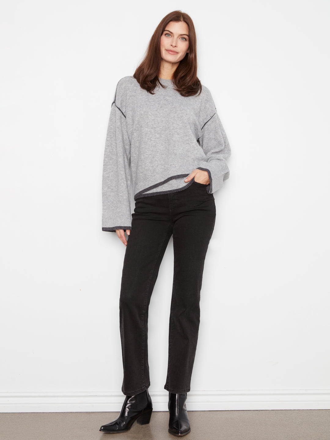 Wide Long Sleeve Drop Shoulder Crew Neck Sweater With Hem Detail & Contrast Tipping