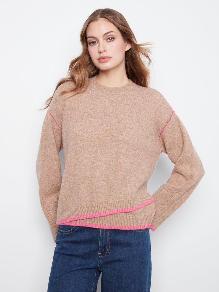 Wide Long Sleeve Drop Shoulder Crew Neck Sweater With Hem Detail & Contrast Tipping