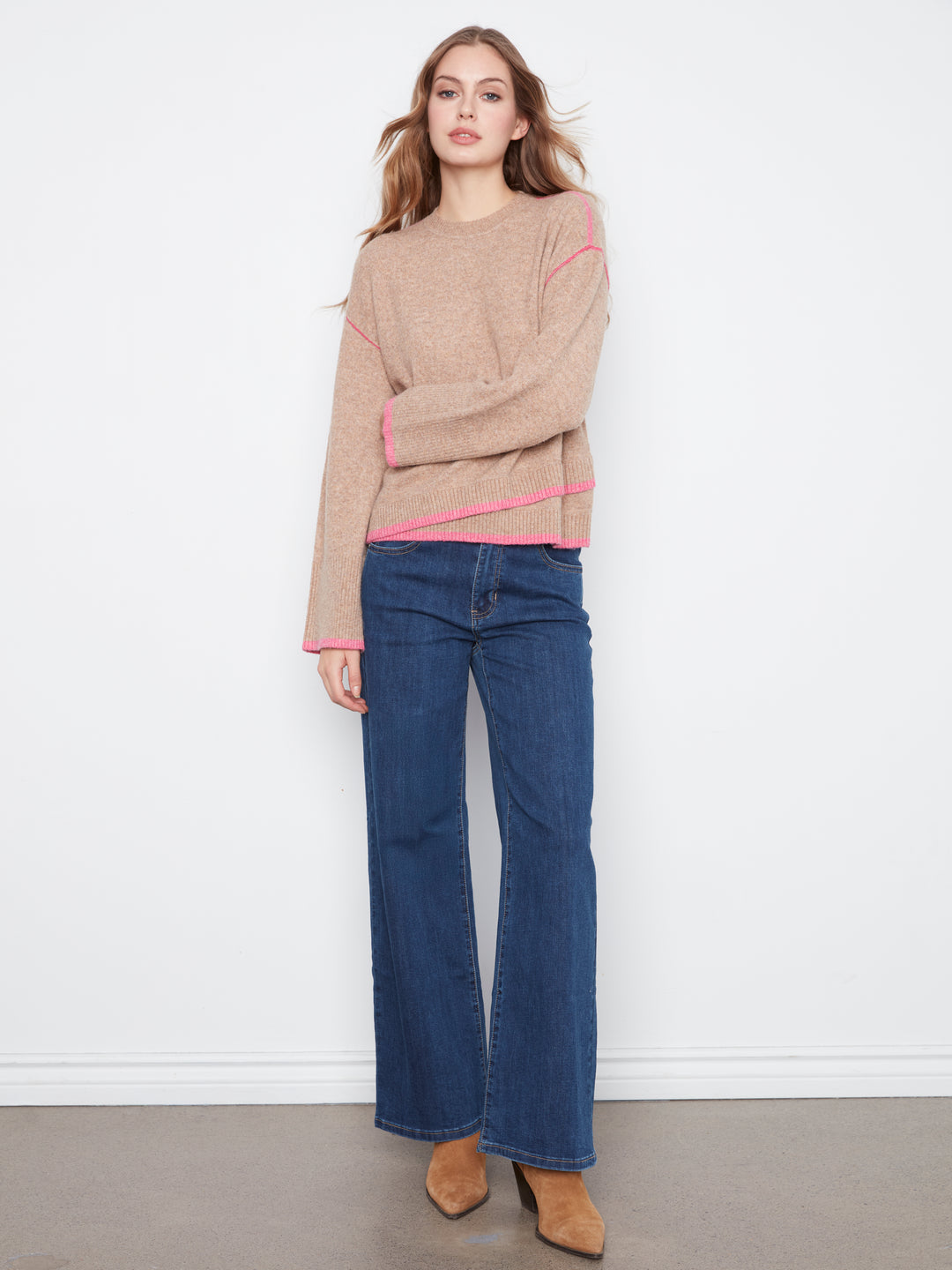 Wide Long Sleeve Drop Shoulder Crew Neck Sweater With Hem Detail & Contrast Tipping