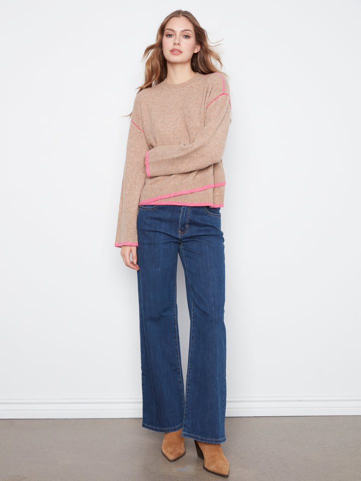 Wide Long Sleeve Drop Shoulder Crew Neck Sweater With Hem Detail & Contrast Tipping