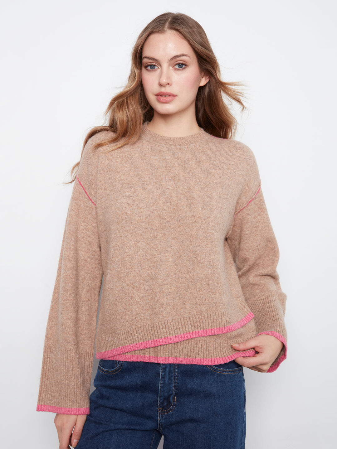 Wide Long Sleeve Drop Shoulder Crew Neck Sweater With Hem Detail & Contrast Tipping