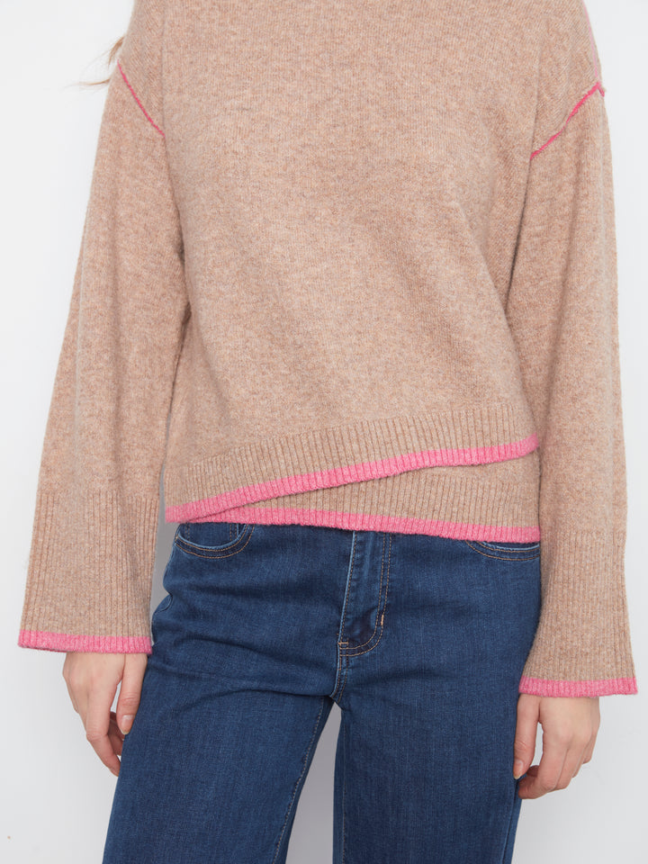 Wide Long Sleeve Drop Shoulder Crew Neck Sweater With Hem Detail & Contrast Tipping