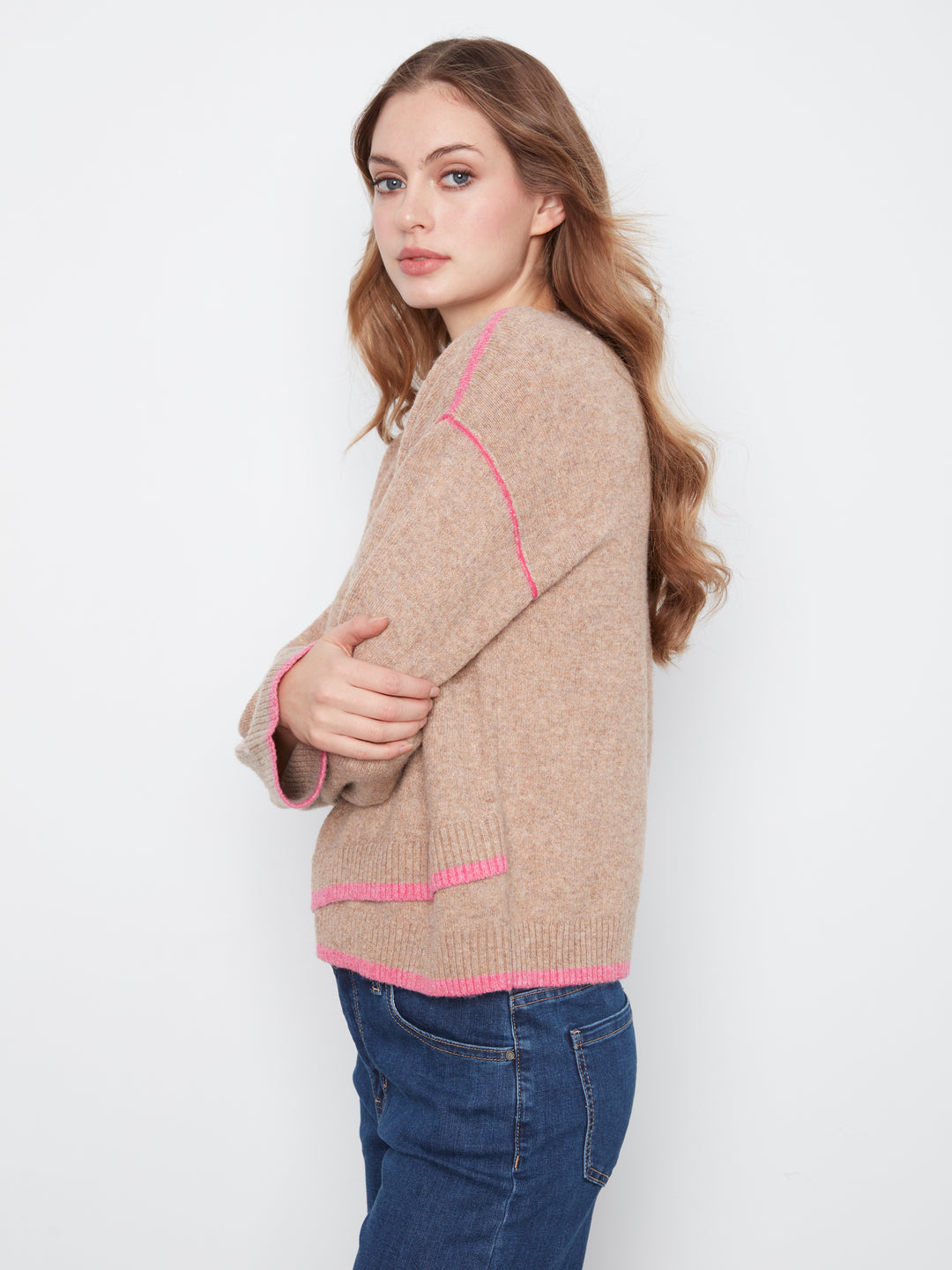 Wide Long Sleeve Drop Shoulder Crew Neck Sweater With Hem Detail & Contrast Tipping