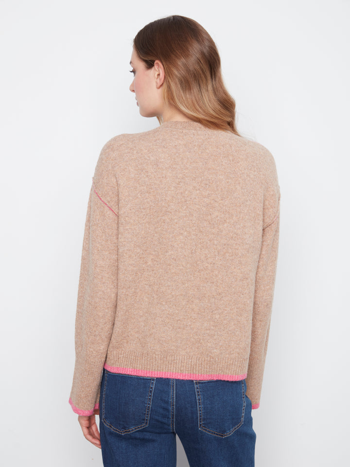 Wide Long Sleeve Drop Shoulder Crew Neck Sweater With Hem Detail & Contrast Tipping
