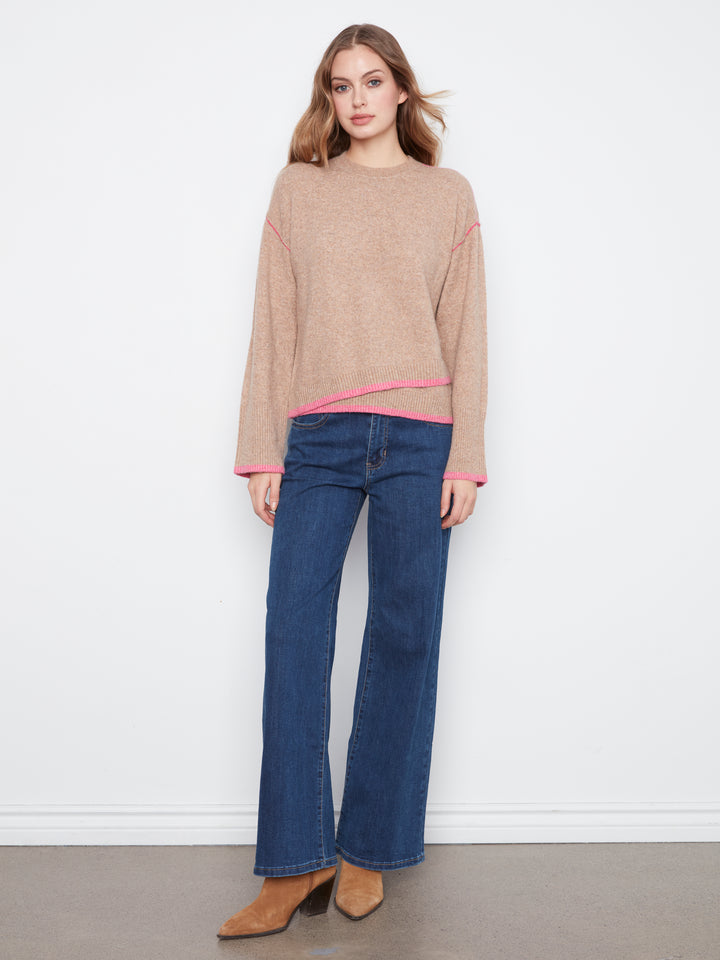 Wide Long Sleeve Drop Shoulder Crew Neck Sweater With Hem Detail & Contrast Tipping