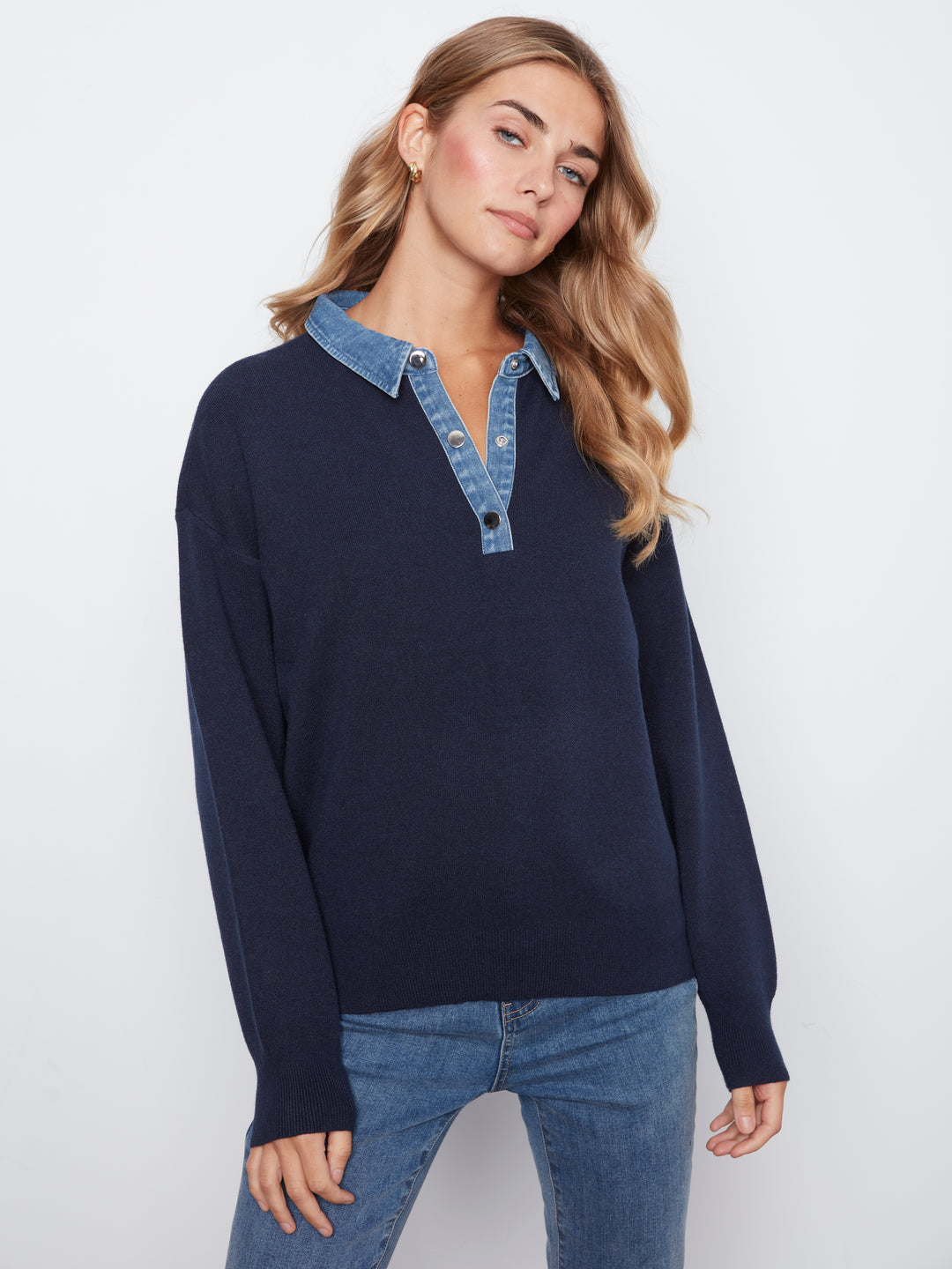 Long Sleeve Drop Shoulder Polo Sweater With Denim Shirt Collar And Placket