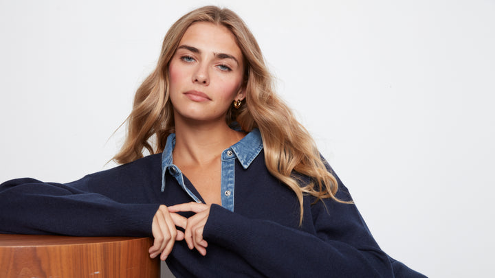 Long Sleeve Drop Shoulder Polo Sweater With Denim Shirt Collar And Placket
