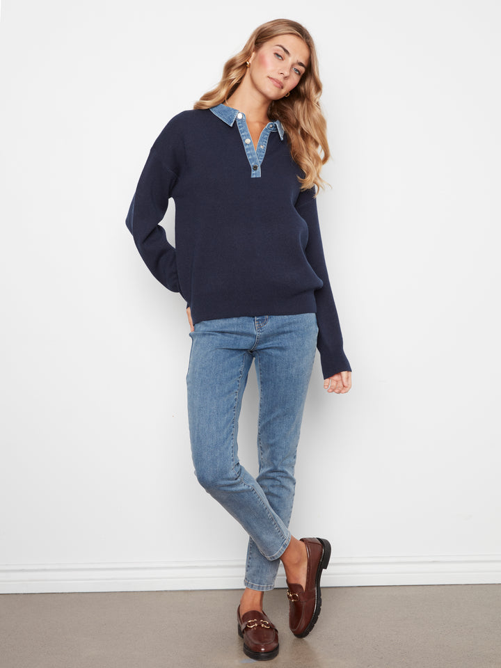 Long Sleeve Drop Shoulder Polo Sweater With Denim Shirt Collar And Placket