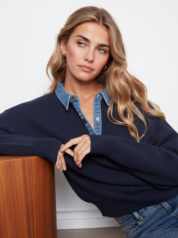 Long Sleeve Drop Shoulder Polo Sweater With Denim Shirt Collar And Placket