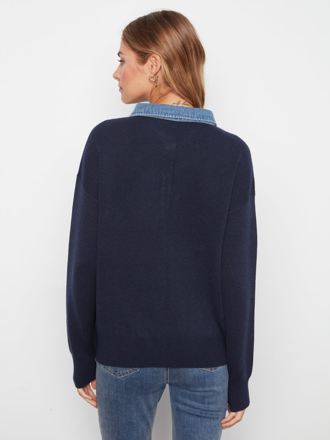 Long Sleeve Drop Shoulder Polo Sweater With Denim Shirt Collar And Placket