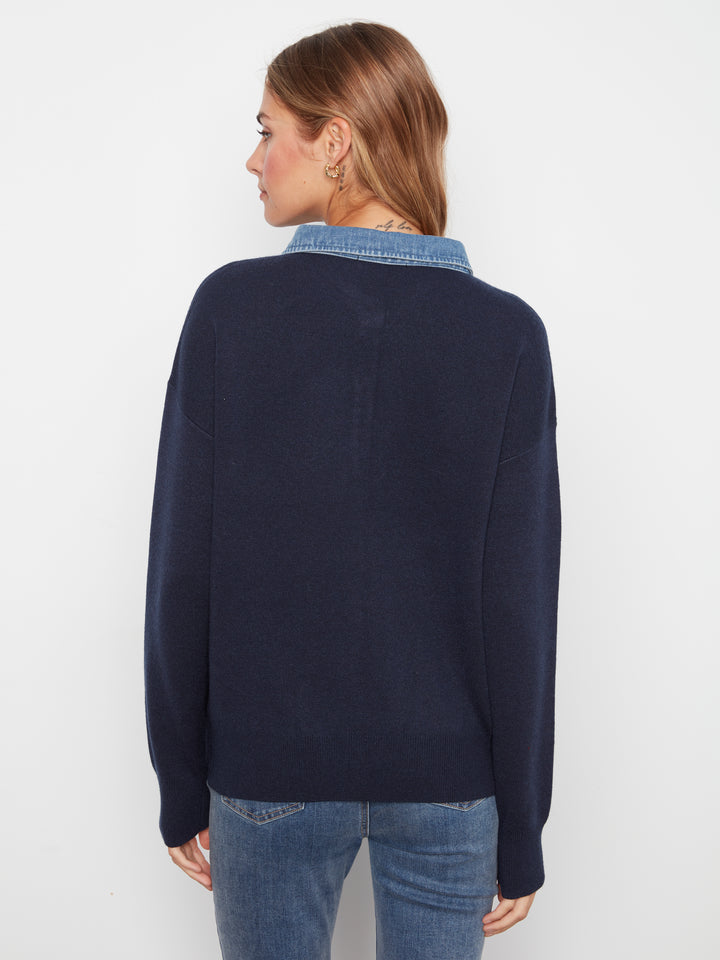 Long Sleeve Drop Shoulder Polo Sweater With Denim Shirt Collar And Placket