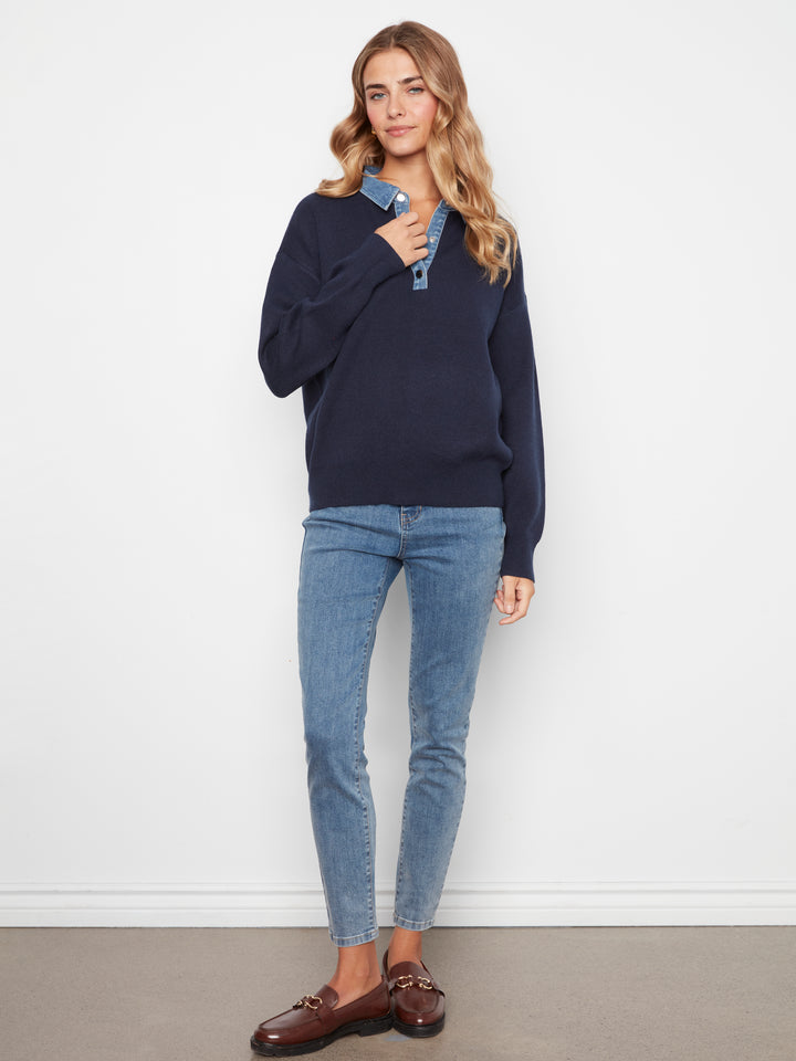 Long Sleeve Drop Shoulder Polo Sweater With Denim Shirt Collar And Placket