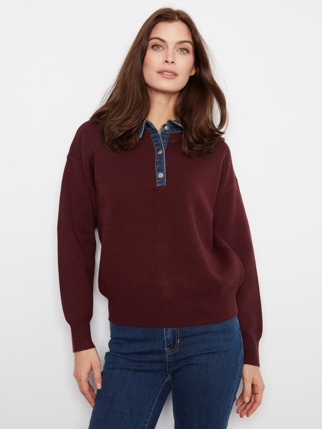 Long Sleeve Drop Shoulder Polo Sweater With Denim Shirt Collar And Placket