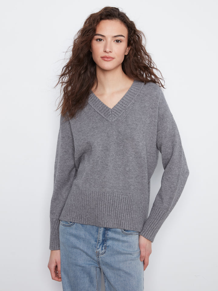 Long Sleeve Drop Shoulder V Neck Sweater With Fully Fashion Rib Detail