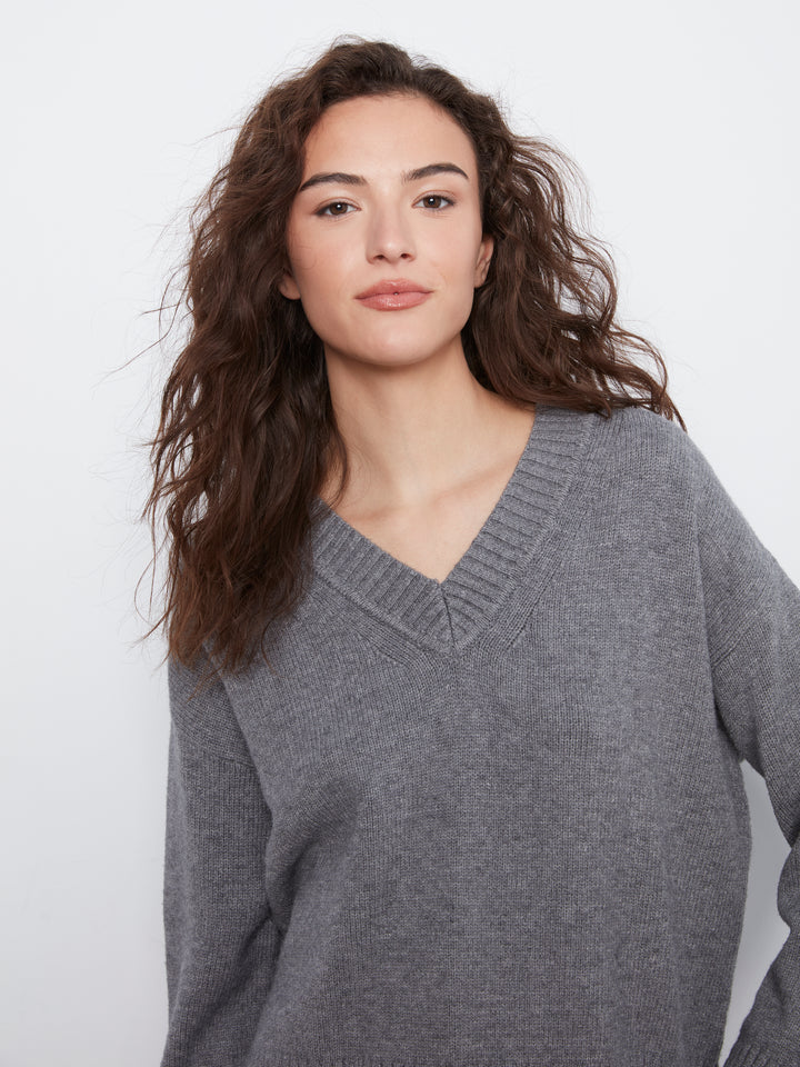 Long Sleeve Drop Shoulder V Neck Sweater With Fully Fashion Rib Detail