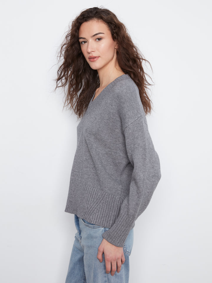 Long Sleeve Drop Shoulder V Neck Sweater With Fully Fashion Rib Detail
