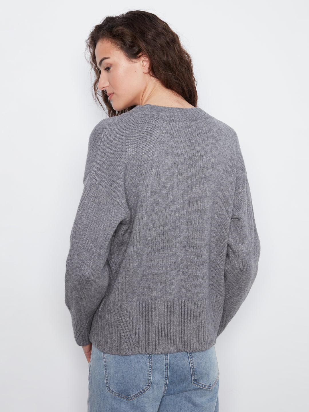 Long Sleeve Drop Shoulder V Neck Sweater With Fully Fashion Rib Detail