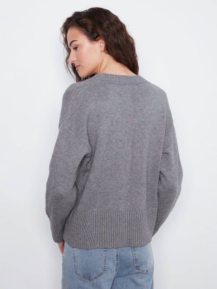 Long Sleeve Drop Shoulder V Neck Sweater With Fully Fashion Rib Detail
