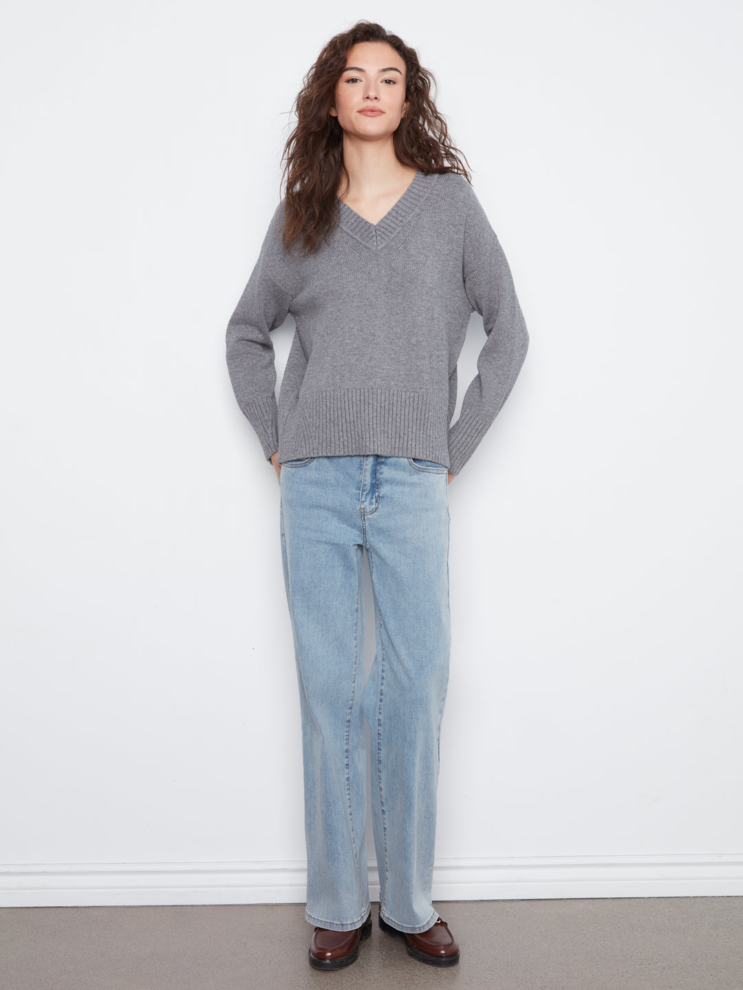 Long Sleeve Drop Shoulder V Neck Sweater With Fully Fashion Rib Detail