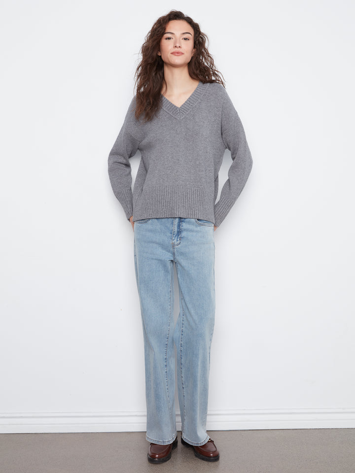 Long Sleeve Drop Shoulder V Neck Sweater With Fully Fashion Rib Detail