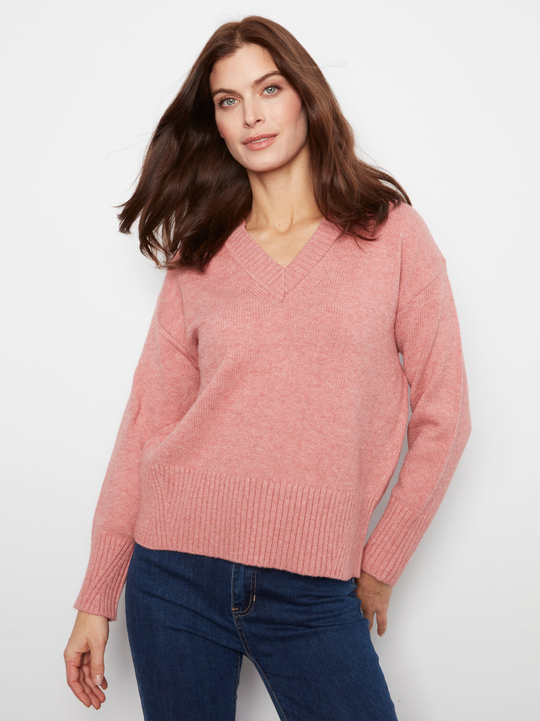 Long Sleeve Drop Shoulder V Neck Sweater With Fully Fashion Rib Detail
