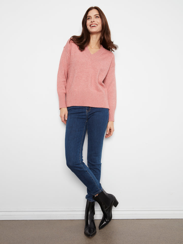 Long Sleeve Drop Shoulder V Neck Sweater With Fully Fashion Rib Detail
