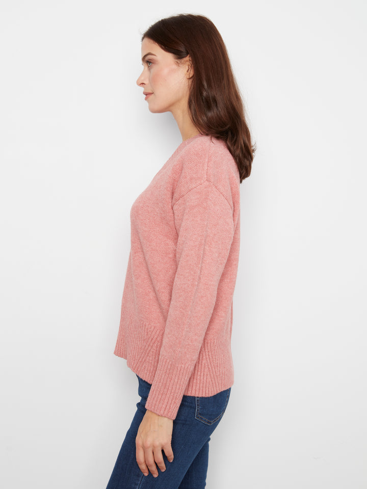 Long Sleeve Drop Shoulder V Neck Sweater With Fully Fashion Rib Detail