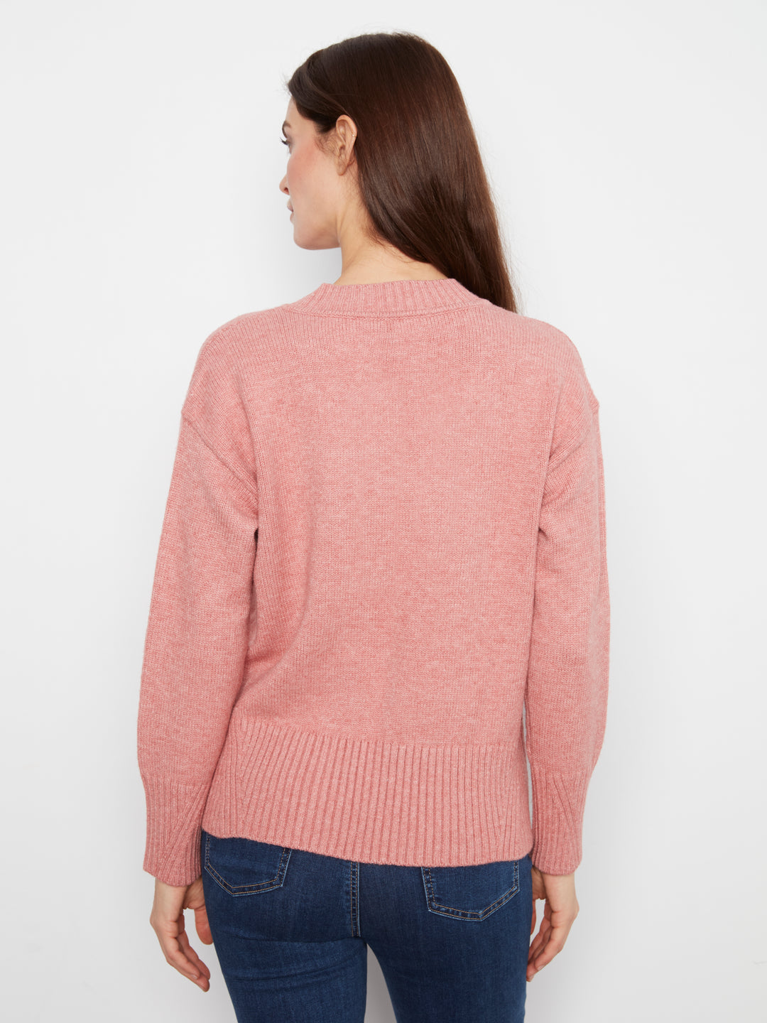 Long Sleeve Drop Shoulder V Neck Sweater With Fully Fashion Rib Detail