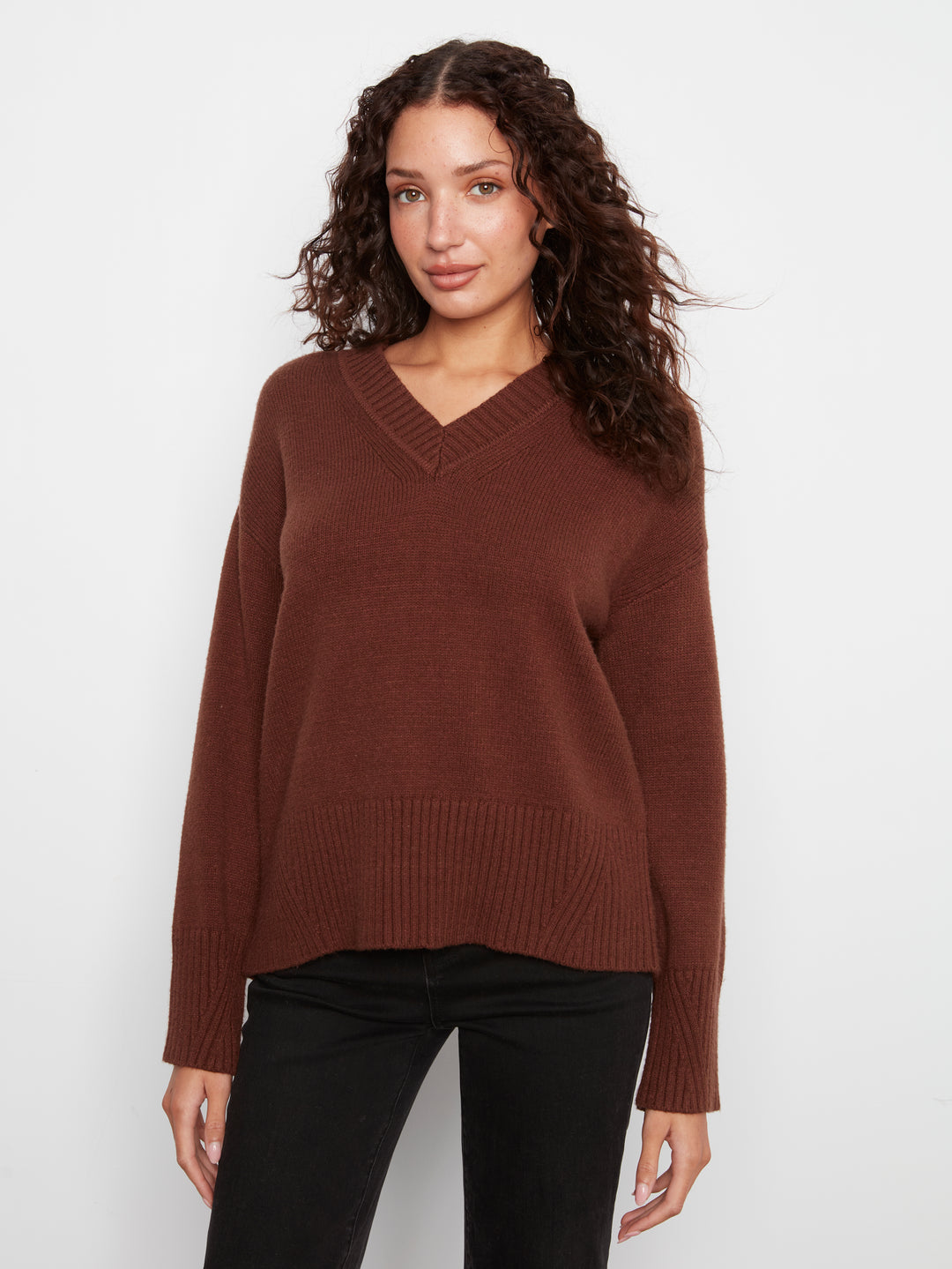 Long Sleeve Drop Shoulder V Neck Sweater With Fully Fashion Rib Detail