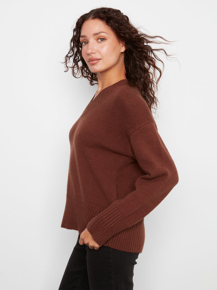 Long Sleeve Drop Shoulder V Neck Sweater With Fully Fashion Rib Detail