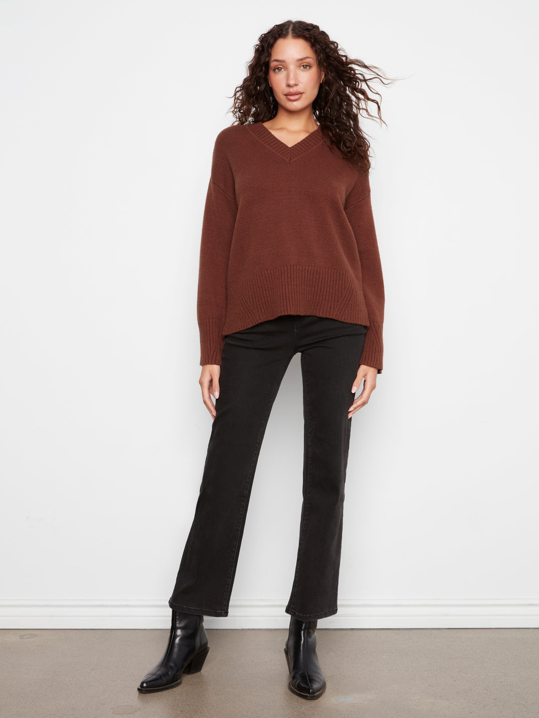 Long Sleeve Drop Shoulder V Neck Sweater With Fully Fashion Rib Detail