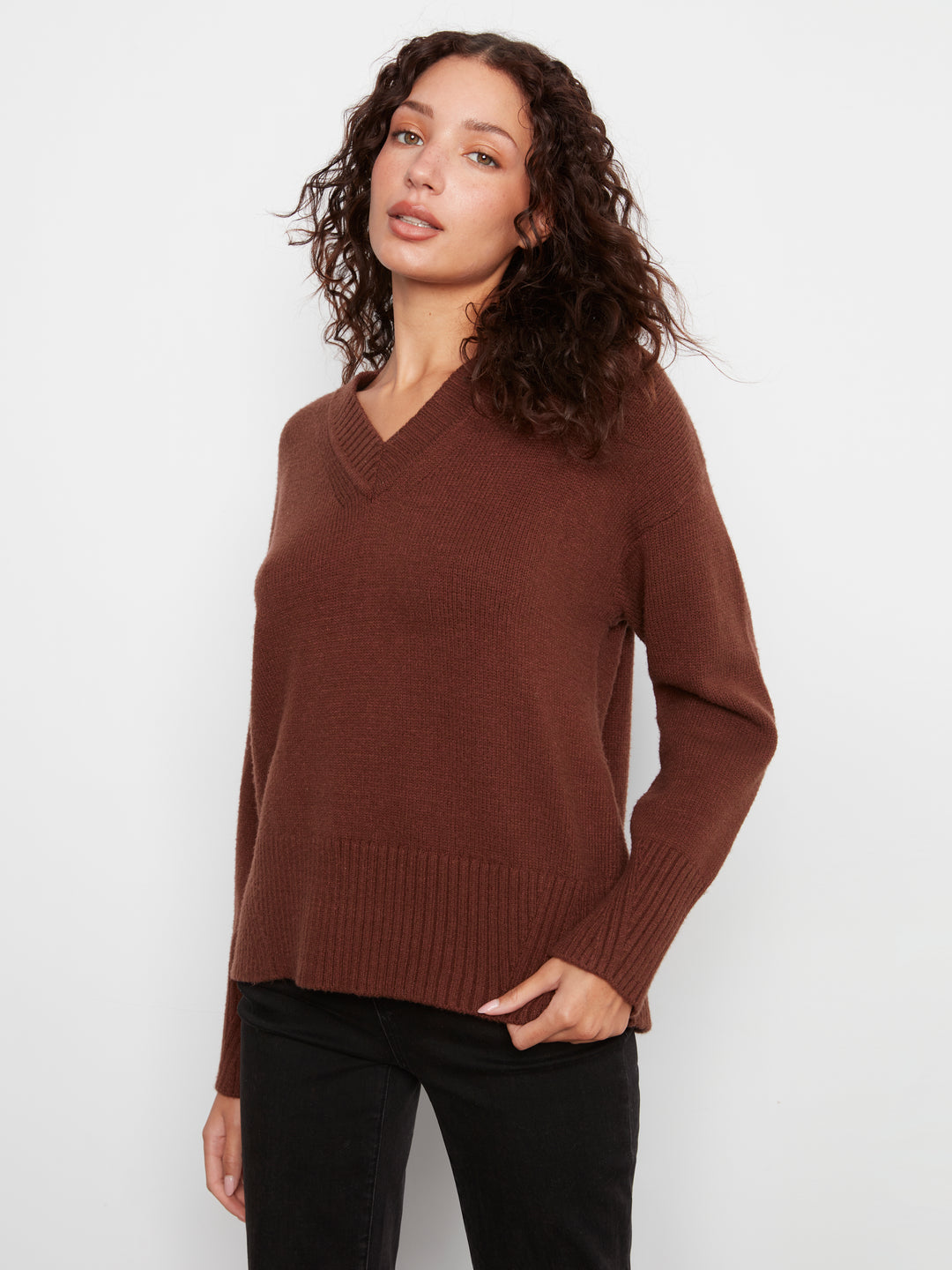 Long Sleeve Drop Shoulder V Neck Sweater With Fully Fashion Rib Detail