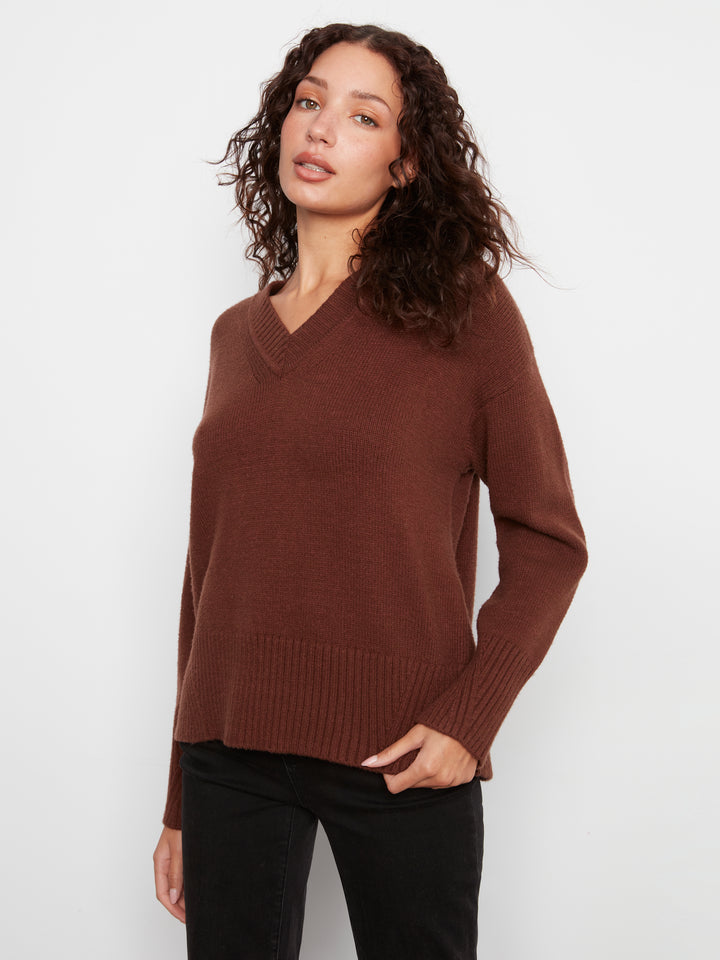 Long Sleeve Drop Shoulder V Neck Sweater With Fully Fashion Rib Detail
