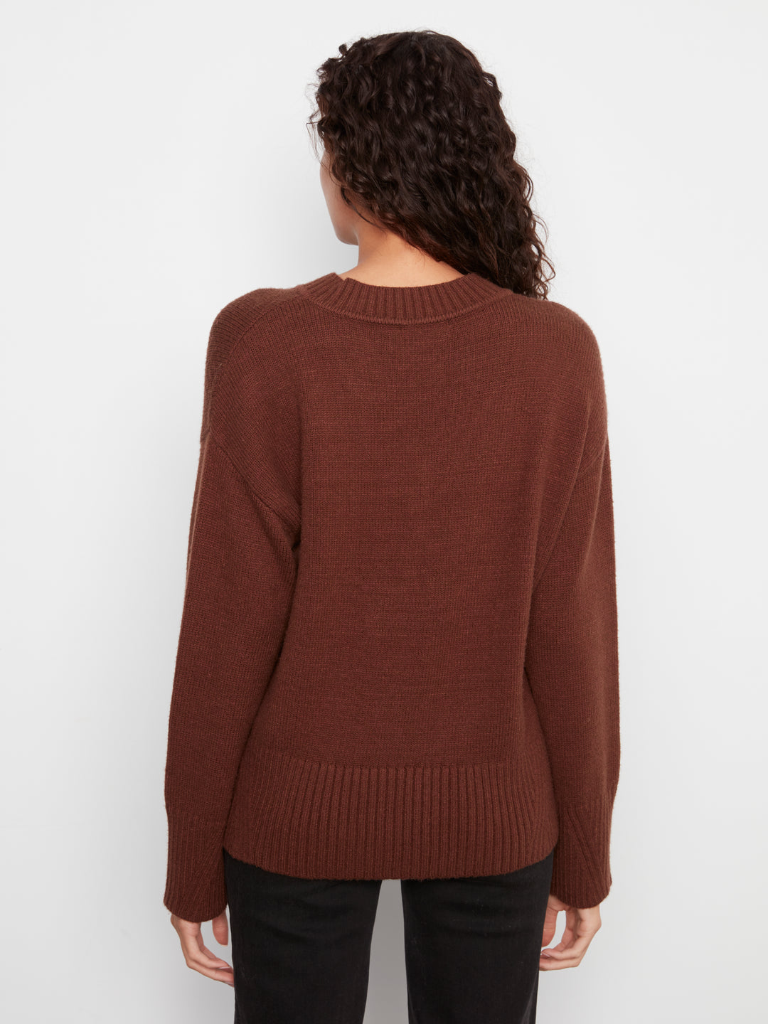 Long Sleeve Drop Shoulder V Neck Sweater With Fully Fashion Rib Detail